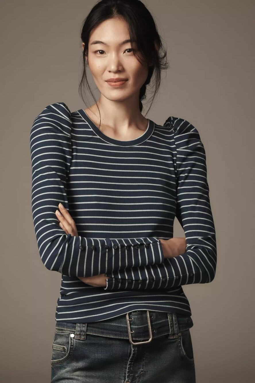Anthropologie Maeve Puff Sleeve Dark Blue Cotton Blend Top Small